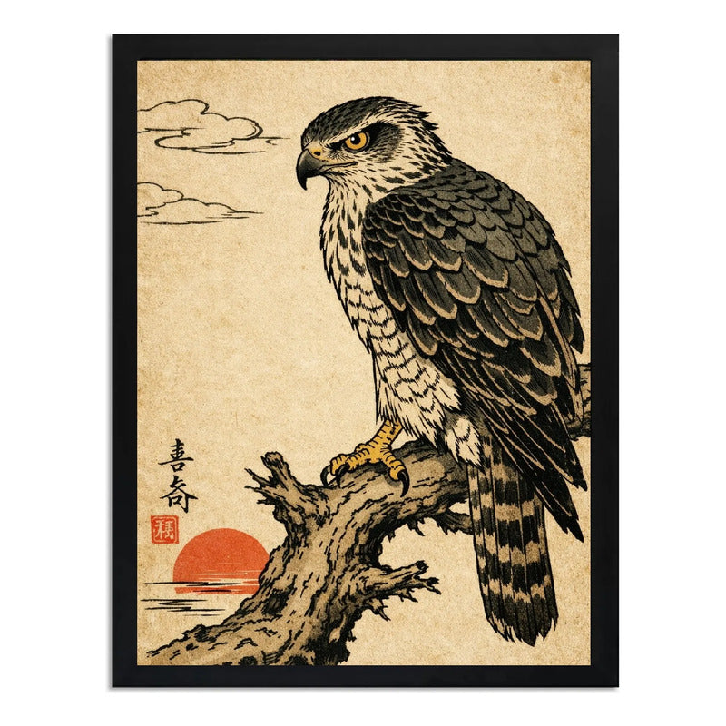 Cuadro Águila Ave Árbol Sol Japón Arte Oriental Decoracion Marco Negro