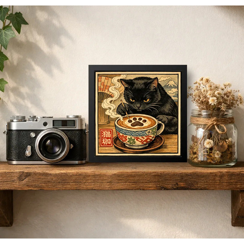Cuadro Gato Negro Barista Café Cocina Arte Japonés Coleccion Marco Negro