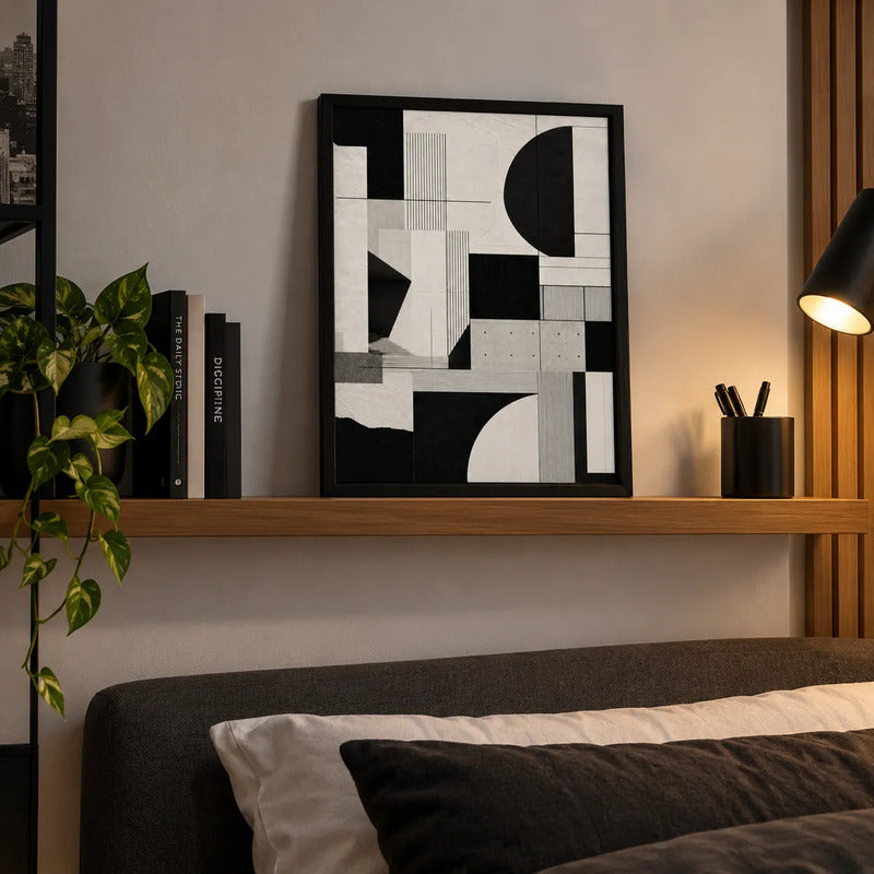 Cuadro Living Dormitorio Abstracto Blanco Negro Geometrico A Marco Negro