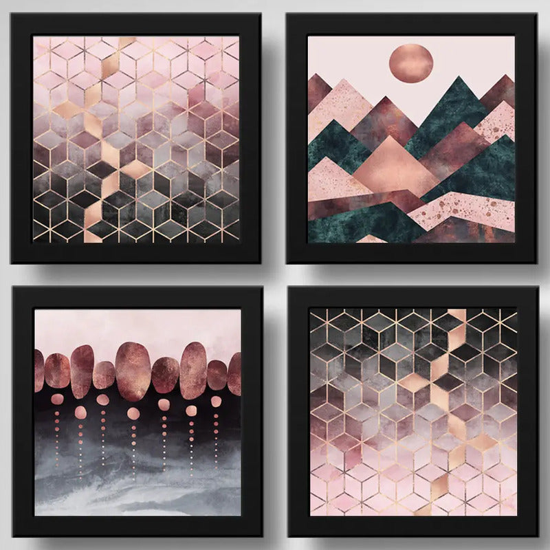 Set 4 Cuadros Abstracto Rose Gold Escandinavo Geometrico Art