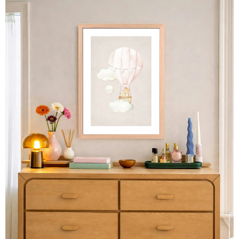 Cuadro Dormitorio Infantil Bebe Niño Oso Conejo Estrela Luna Oso Globo Volador Marco Madera Oak