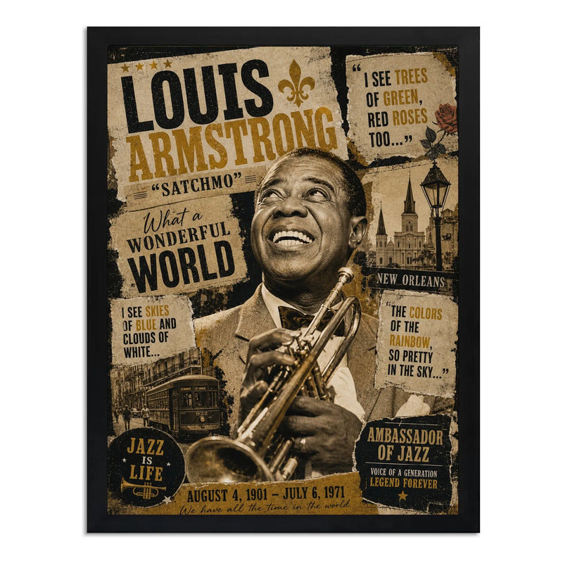 Cuadro Louis Armstrong Jazz New Orleans Musica Arte Vintage Marco Negro