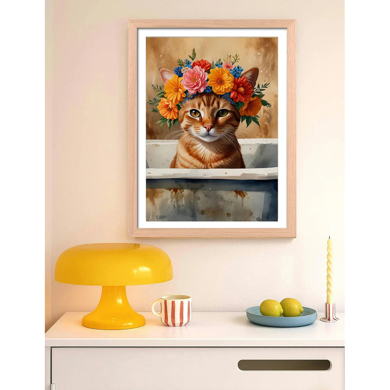 Cuadro Gato Flores Banera Bano Floral Pet Arte Marco Oak Marco Marrón Claro
