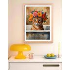 Cuadro Gato Flores Banera Bano Floral Pet Arte Marco Oak Marco Marrón Claro
