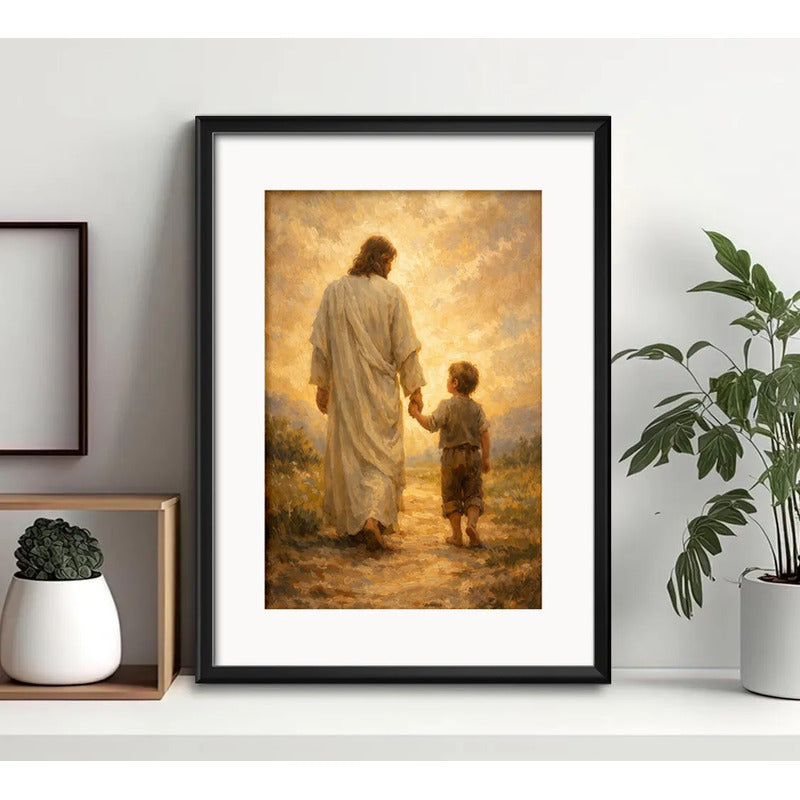 Cuadro Jesús Cristo Senor Dios Arte Decoracion Con Paspartú Niño Camiñando Con Jesus Con Marco Negro