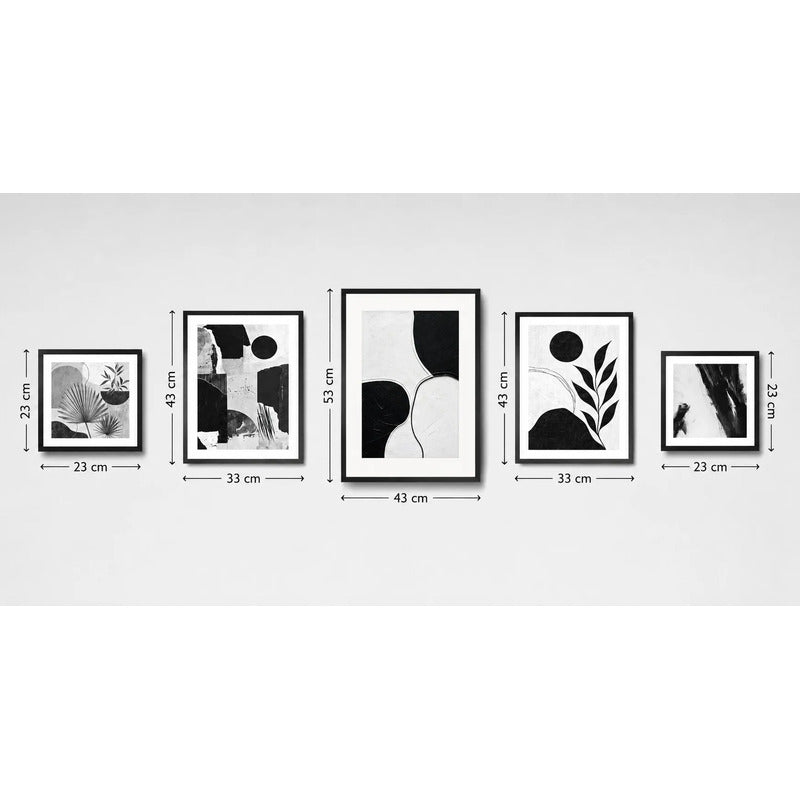 Set 5 Cuadros Living Escalera Pasillo Abstracto Blanco Negro Marco Negro