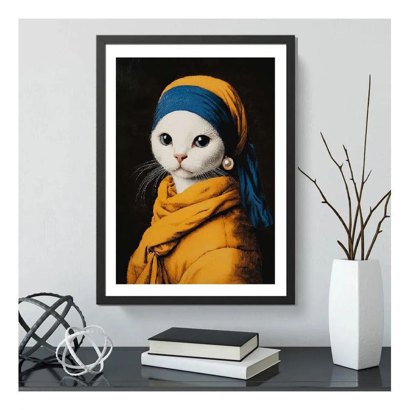 Cuadro Gato La Joven De La Perla Mascota Arte Decoracion Marco Negro