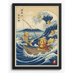 Cuadro Pikachu Pescador Ola Kanagawa Pez Japón Pokemon Anime Marco Negro