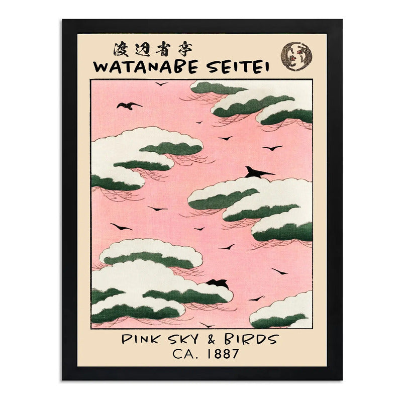 Cuadro Dormitorio Cielo Rosa Pájaros Watanabe Arte Japones Marco Negro