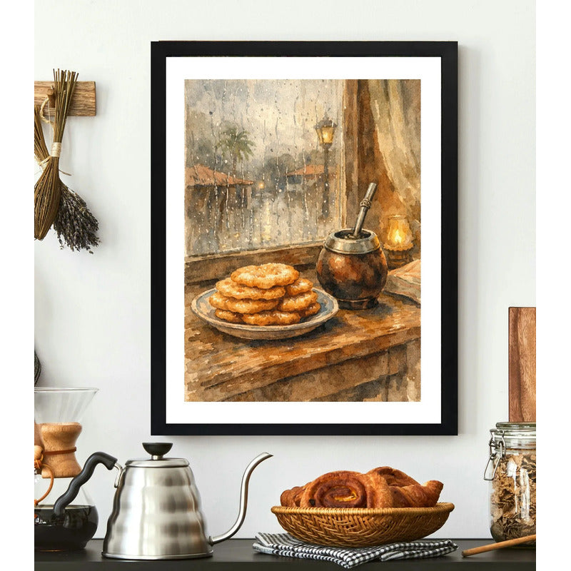 Cuadro Mate Torta Fritas Lluvia Uruguay Arte Retro Cocina Marco Negro
