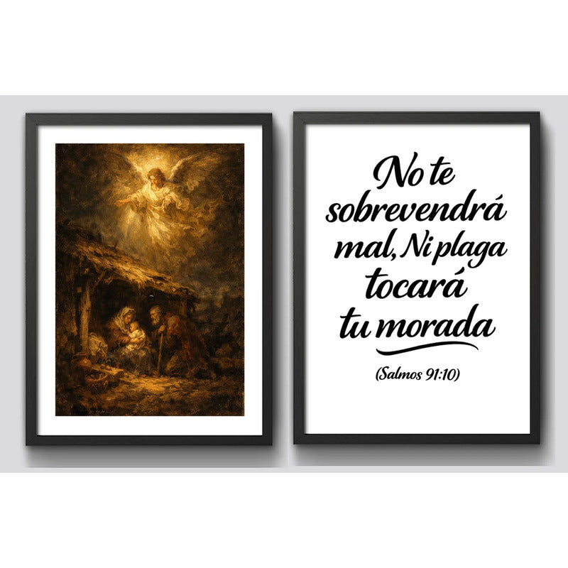 Set 2 Cuadros Jesús Cristo Nacimiento Y Salmo 91:10 Biblia Marco Negro