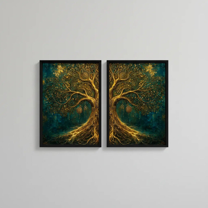 Set 2 Cuadros Arbol De La Vida Tonos Dorados Mural Díptico Marco Negro
