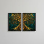 Set 2 Cuadros Arbol De La Vida Tonos Dorados Mural Díptico Marco Negro