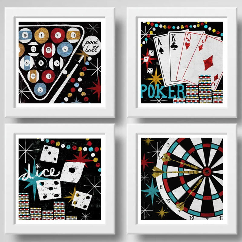 Set 4 Cuadros Juegos Billar Poker Cartas Dardos Dados Ruleta