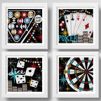 Set 4 Cuadros Juegos Billar Poker Cartas Dardos Dados Ruleta