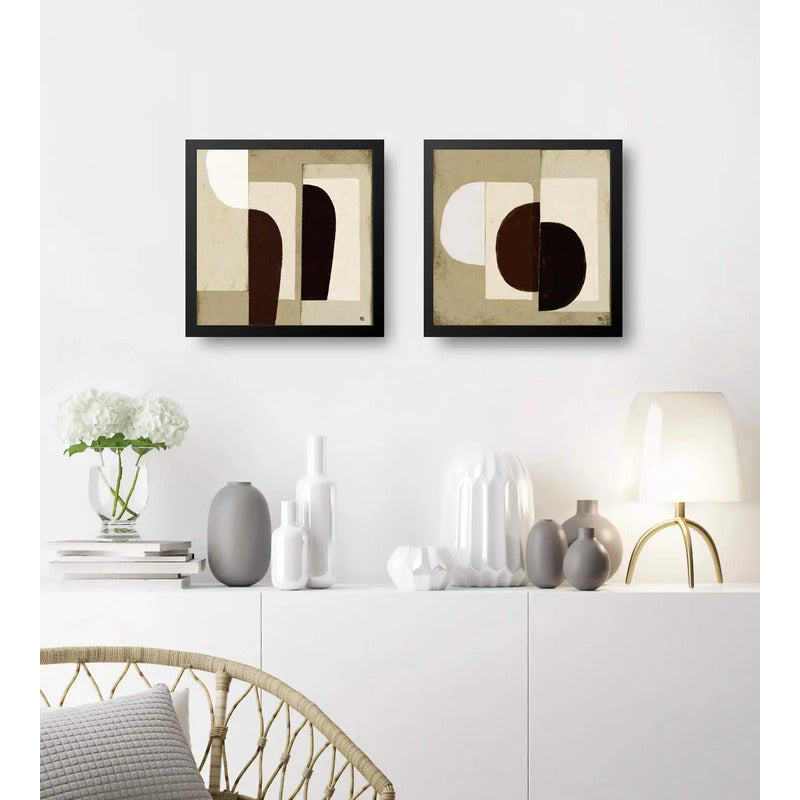 Set 2 Cuadros Dormitorio Living Boho Abstracto Tonos Beige Marco Negro
