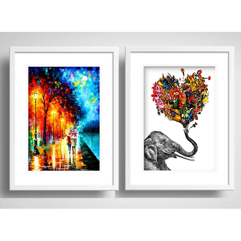 Set 2 Cuadros Elefante Flores Amor Pareja Decor Con Paspartú
