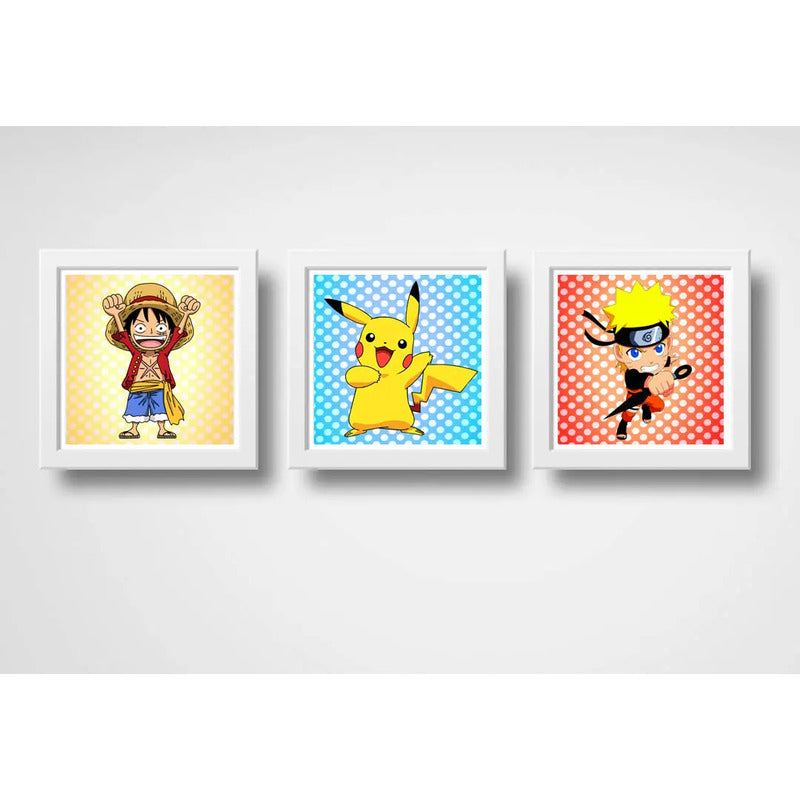 Set 3 Cuadros Naruto Pikachu Luffy Pop Art Pokemon One Piece