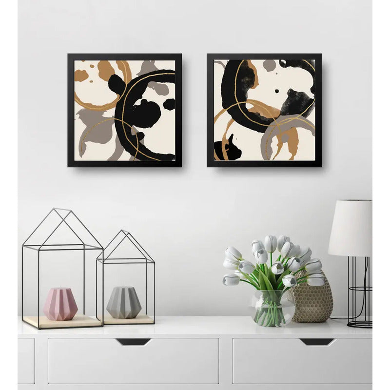 Set 2 Cuadros Living Cocina Café Arte Abstracto Tonos Pastel Marco Negro