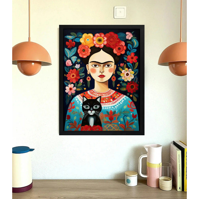 Cuadro Living Floral Frida Kahlo Gato Negro Flores Arte Marco Negro