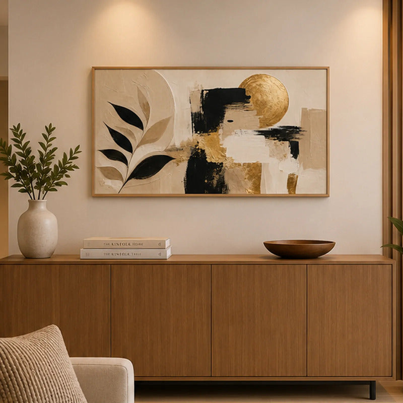 Cuadro Dormitorio Living Boho Abstracto Hojas Neutros Grande Marco Marrón Claro
