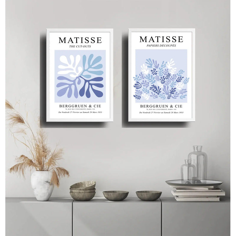 Set 2 Cuadros Dormitorio Living Matisse Tonos Azul Indigo Marco Blanco