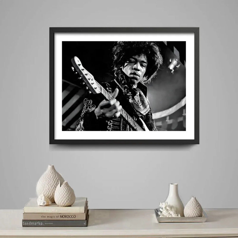 Cuadro Jimi Hendrix Blanco Y Negro Psicodélico Rock Guitarra Marco Negro