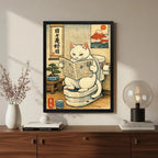 Cuadro Gato Blanco Bano Bonsai Arbol Japón Monte Fuji Arte Marco Negro