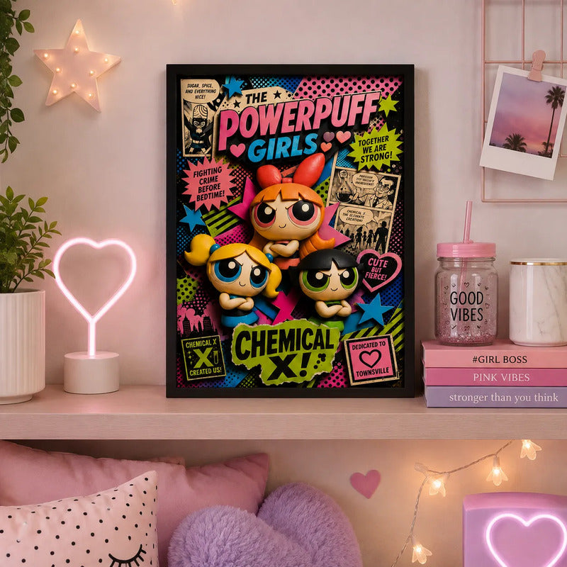 Cuadro Las Chicas Superpoderosas Powerpuff Girls Efecto 3d Marco Negro