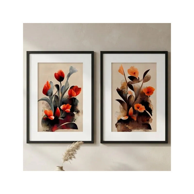Set 2 Cuadros Flores Tulipanes Calidad Museo Con Paspartú Marco Negro