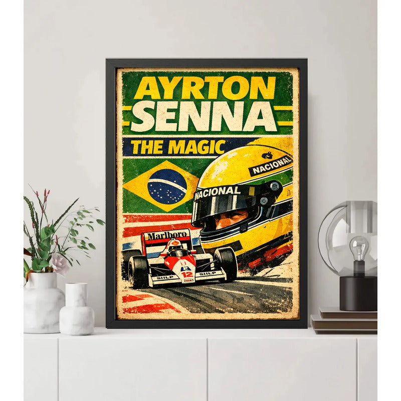 Cuadro Senna The Magic Piloto Auto Formula 1  Casco Retro Marco Negro