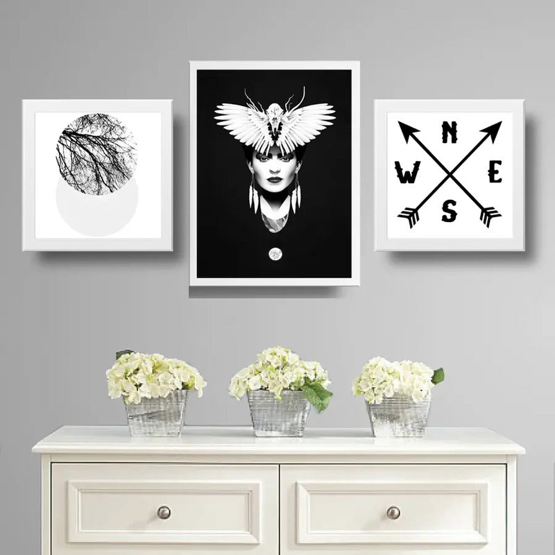 Set 3 Cuadros Frida Kahlo Mariposa Luna Arbol Blanco Y Negro