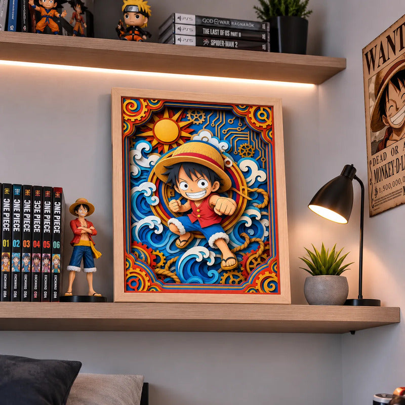 Cuadro Monkey Luffy Efecto 3d One Piece Anime Kids Japon Marco Madera Oak Madera Clara