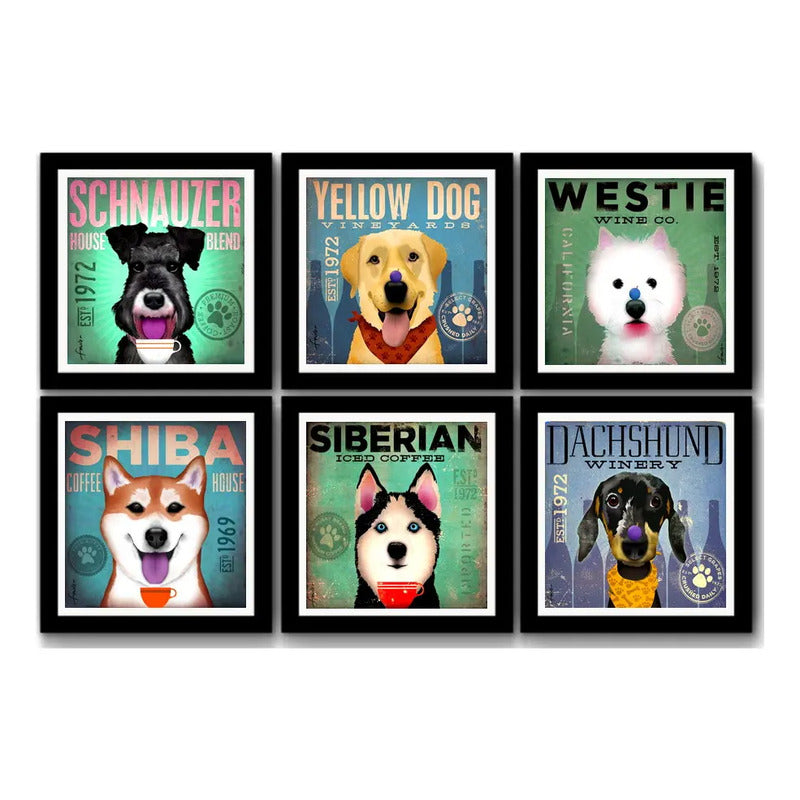 Set 6 Cuadros Perro Cafe Cupcake Schnauzer Dachshund Westie