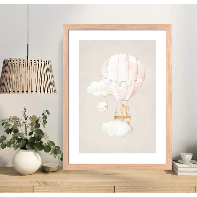 Cuadro Dormitorio Infantil Bebe Niño Oso Conejo Estrela Luna Oso Globo Volador Marco Madera Oak