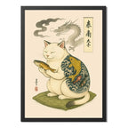 Cuadro Gato Arte Japonés Tattoo Dragon Pez Koi Decoracion Marco Negro