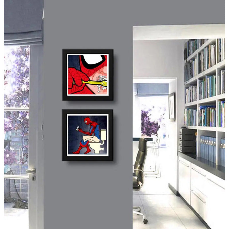 Set 2 Cuadros Spiderman Baño Superhéroe Comics Decoracion Marco Negro