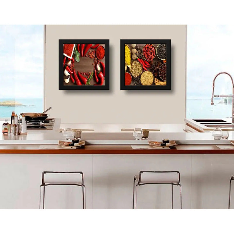 Set 2 Cuadros Pimientas Condimentos Cocina Decora - 33x33cm Marco Negro