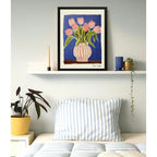Cuadro Para Dormitorio Living Flores Tulipanes Rosa Suave Tulipanes Rosa Suave Con Fondo Azul Marco Negro
