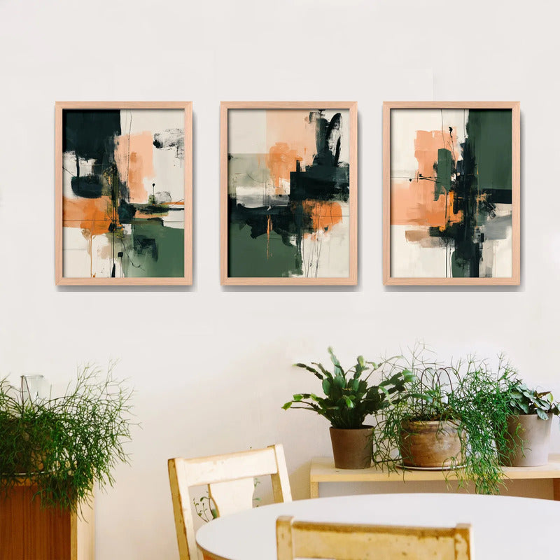Set 3 Cuadros Dormitorio Living Abstracto Arte Verde Durazno Marco Marrón Claro