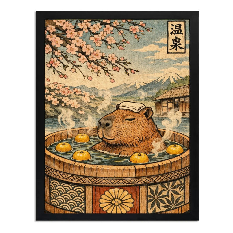 Cuadro Carpincho Banera Flores Cerezo Bano Japón Decoracion Marco Negro