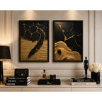 Set 2 Cuadros Living Dormitorio Abstracto 3d Oro Negro Brs3 Marco Negro