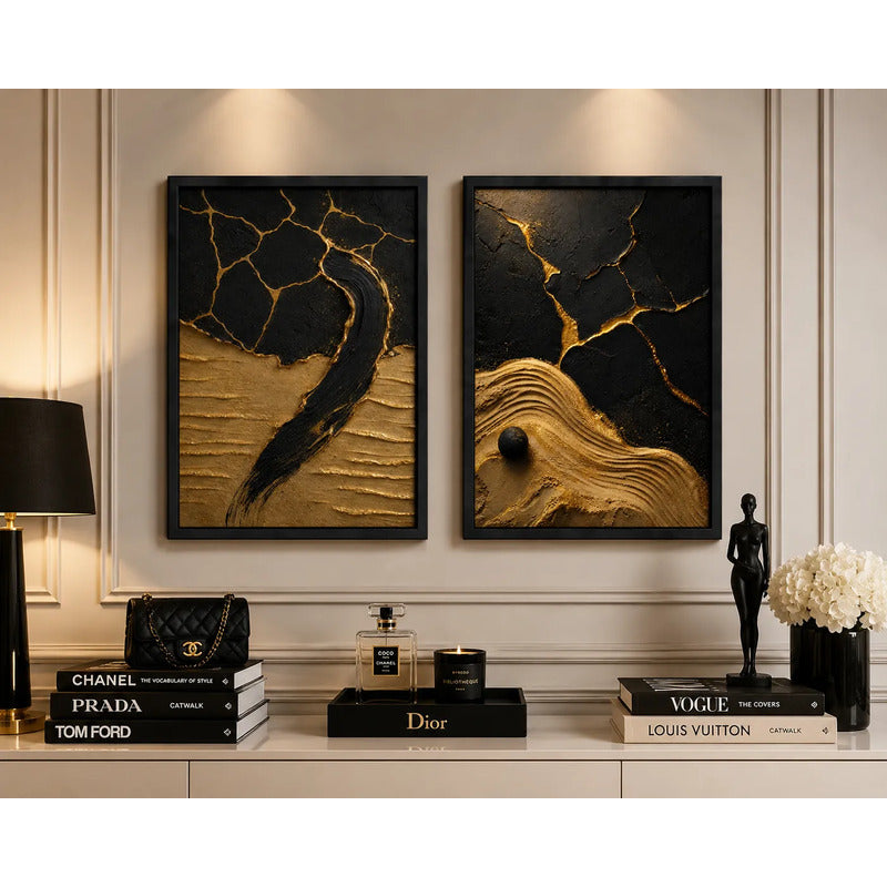 Set 2 Cuadros Living Dormitorio Abstracto 3d Oro Negro Brs3 Marco Negro