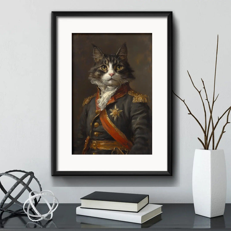 Cuadro Gato General Vintage Militar Arte Con Paspartú Marco Negro