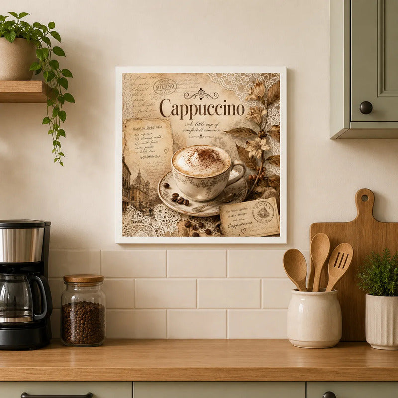 Cuadro Living Comedor Cocina Café Cappuccino Vintage 33x33cm Marco Blanco