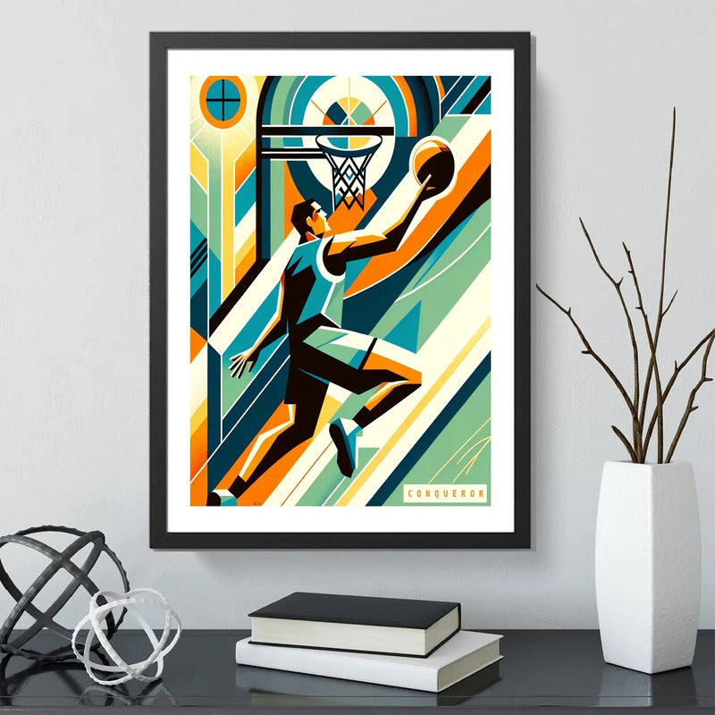 Cuadro Basket Baloncesto Jugador Pelota Club Gym Decoracion Pop Art Conqueror Con Marco Negro