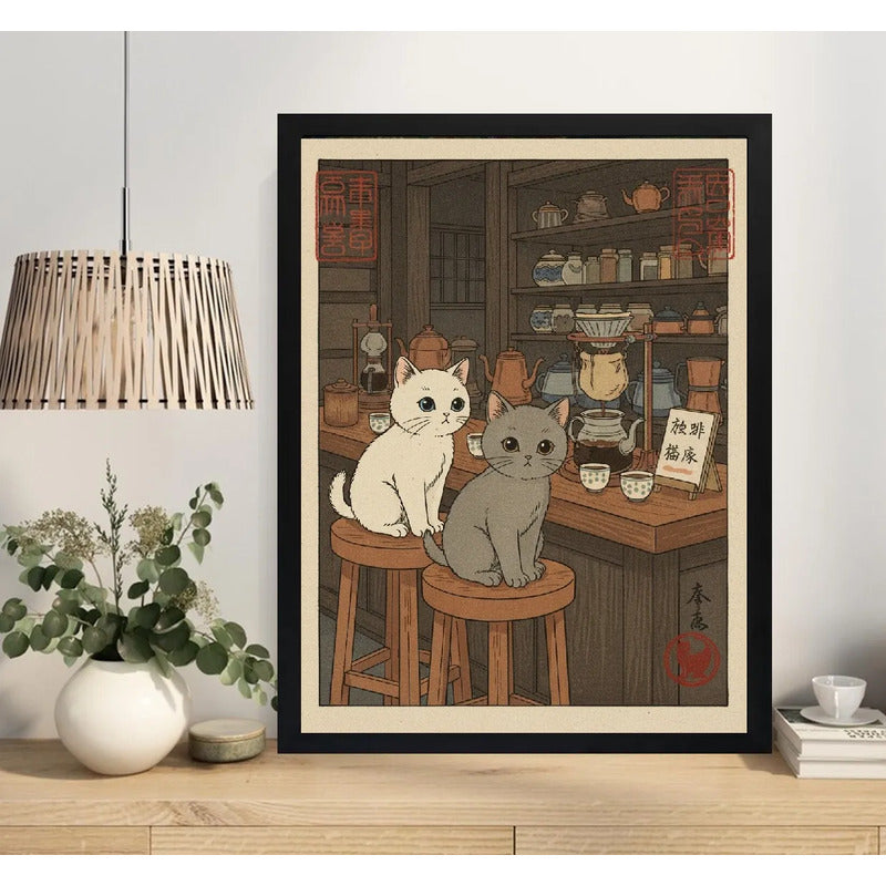 Cuadro Gatos Cafe Neko Anime Japón Cocina Living Decoracion Marco Negro