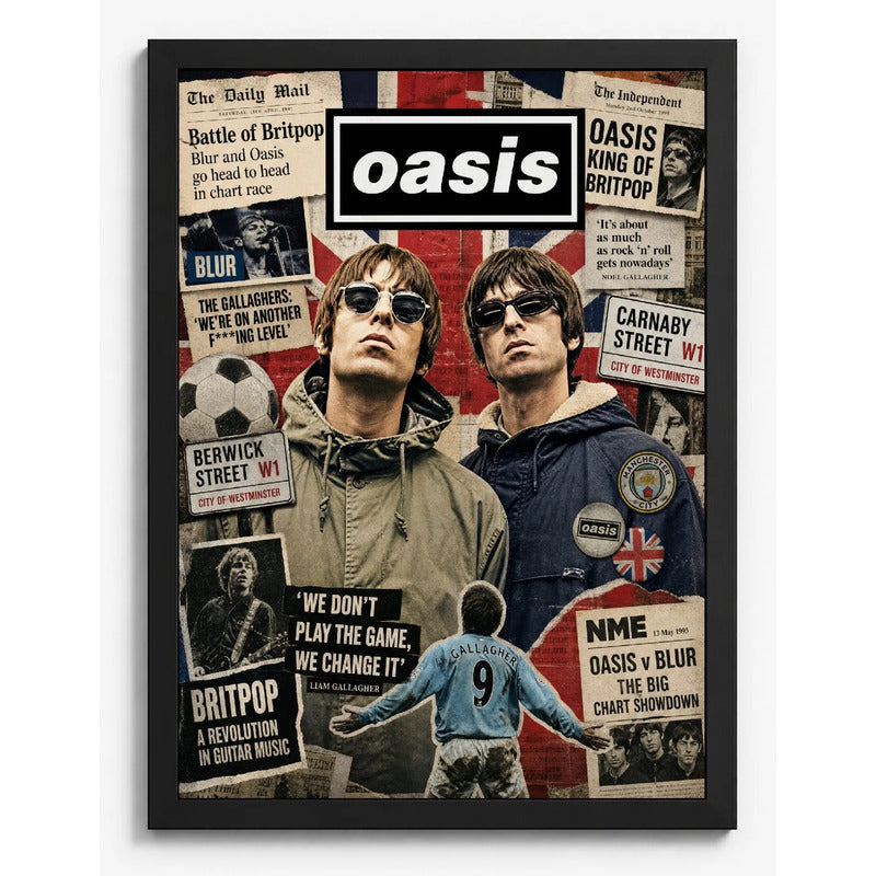 Cuadro Oasis Elementos Icónicos Manchester Futbol Arte Rock Marco Negro