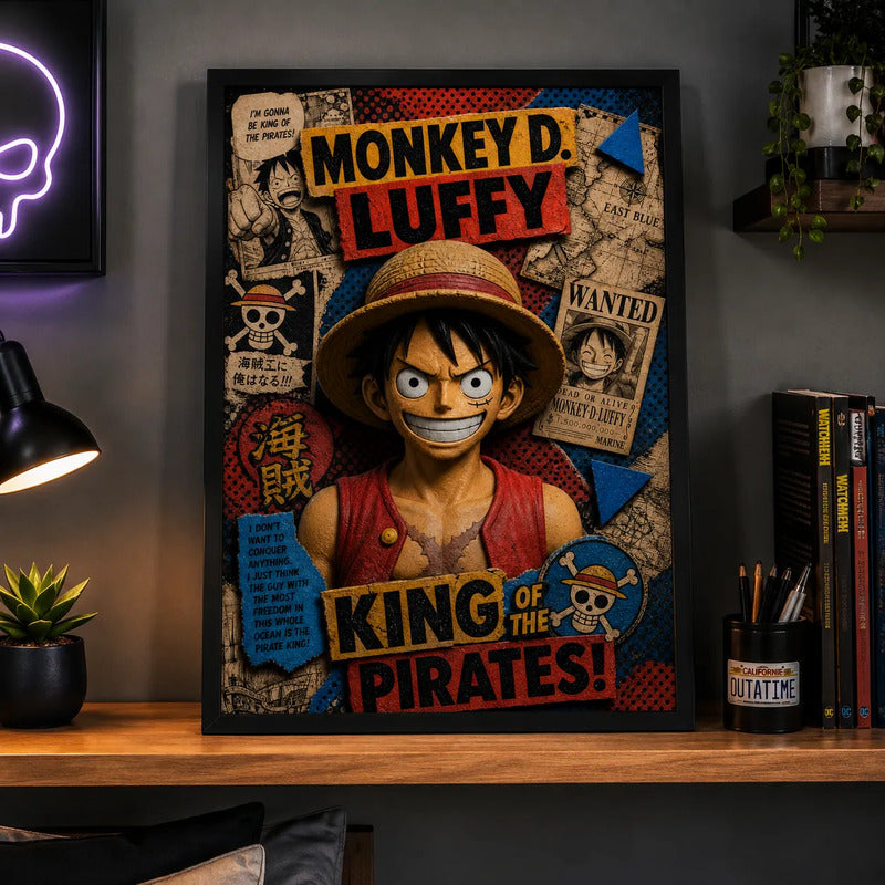 Cuadro Luffy One Piece Wanted Monkey Anime Mangá Efecto 3d Marco Negro