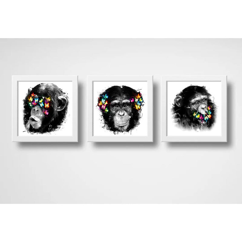Set 3 Cuadros Monos Mariposas Pop Art Color Chimpancé Decor